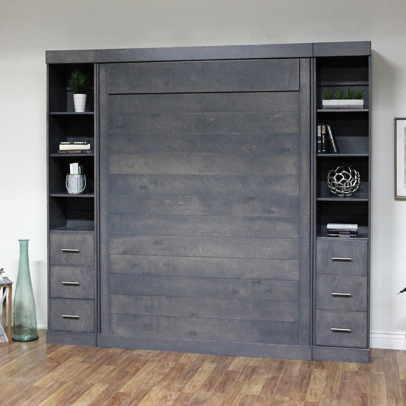 The Fallbrook wallbed is designed to blend into any apartment or home’s aesthetic. This murphy bed is crafted with individual planks of wood, randomly selected, to make each piece unique.