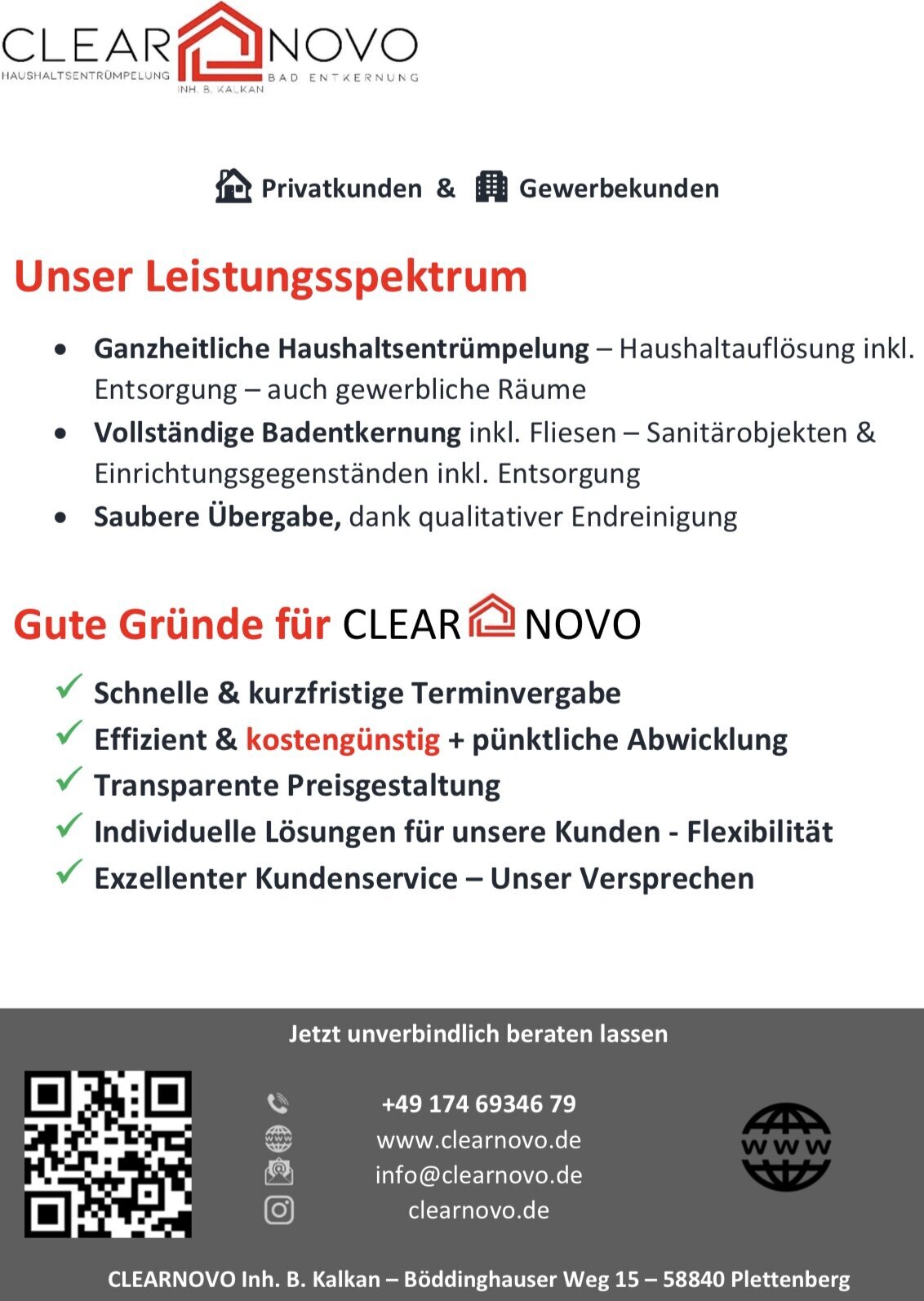 Clearnovo Haushaltsentrümpelung - Badentkernung Inh. B. Kalkan, Böddinghauser Weg 15 in Plettenberg