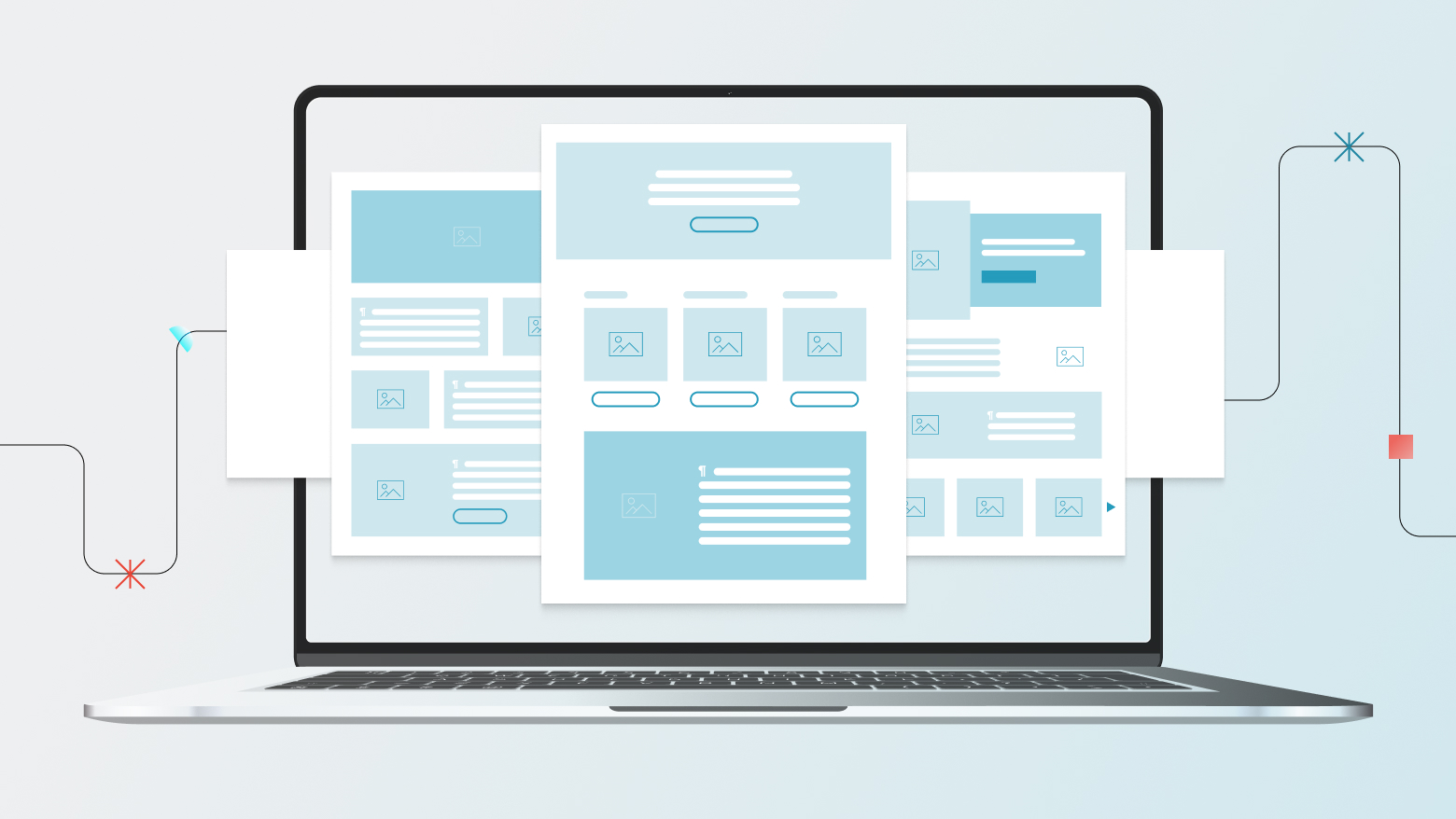 Illustration of website templates displayed on a laptop screen, representing structured, modular web page designs that support faster, SEO-friendly launches.