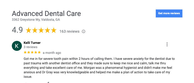 Google Review of Advanced Dental Care | Valdosta, GA