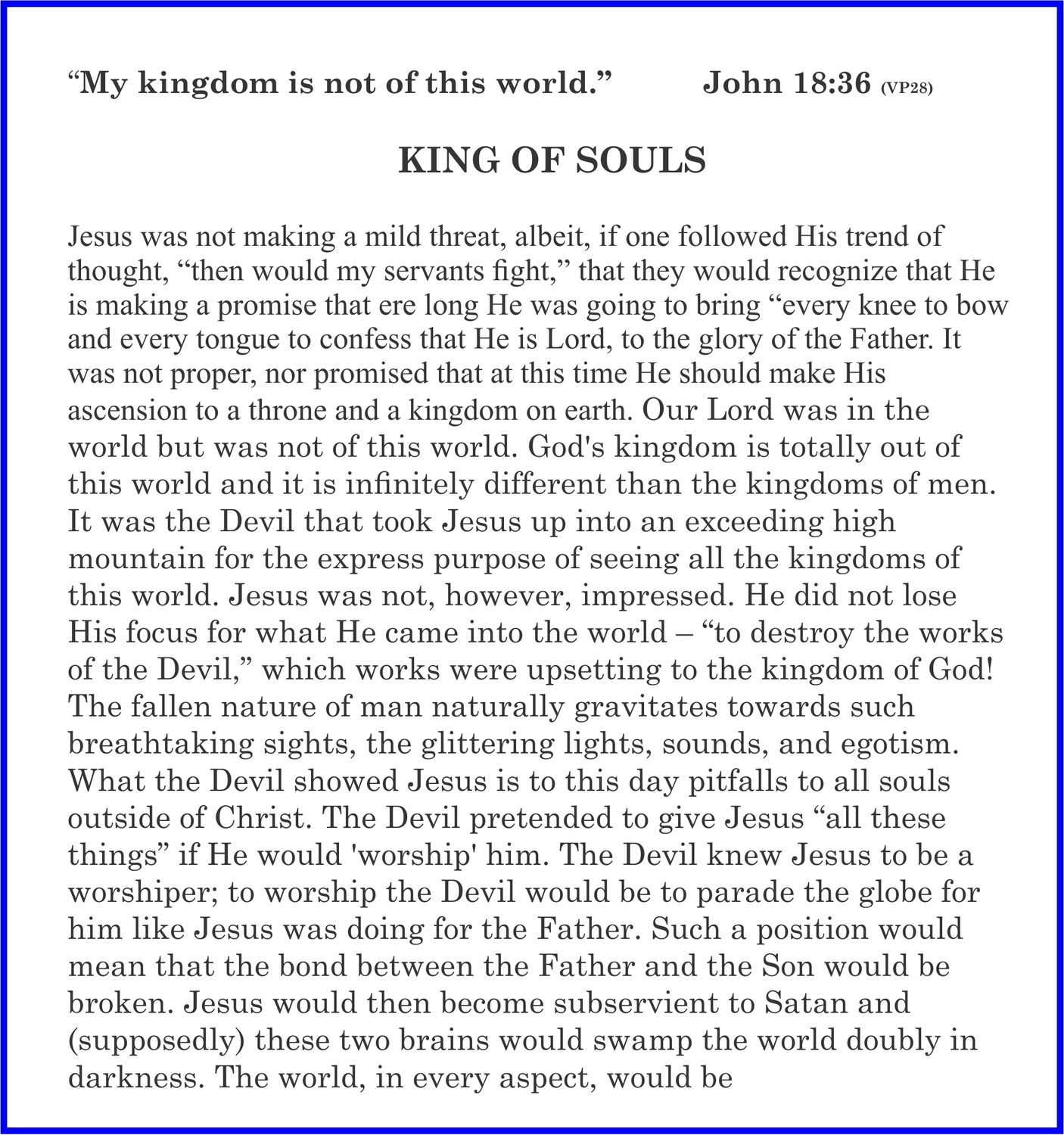 A document page with text from the Bible, specifically a quote from John 18:36, and a title "KING OF SOULS." The text discusses Jesus' kingdom in relation to the world and the Devil's temptations.