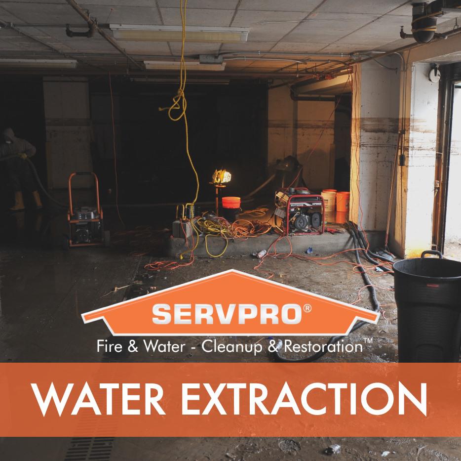 The water extraction step removes the majority of the water from your home or property. By performing thorough water extraction, SERVPRO Franchise Professionals help reduce the drying time and help to prevent mold and secondary water damage.