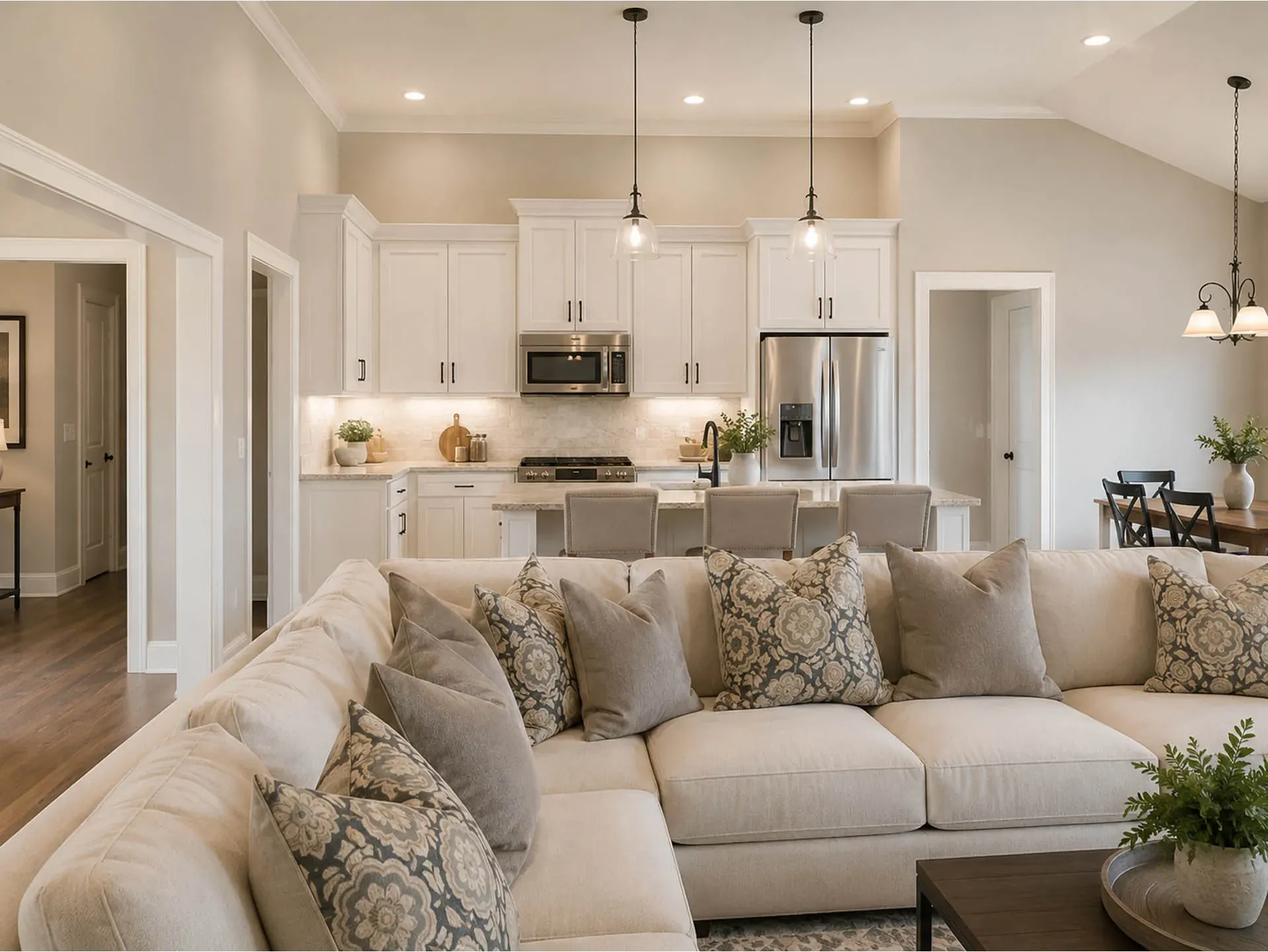 Open Concept Living Room & Kitchen: Features a grand sectional sofa, cozy decorative pillows, vaulted ceilings, and a clear view into a professional chef’s kitchen.