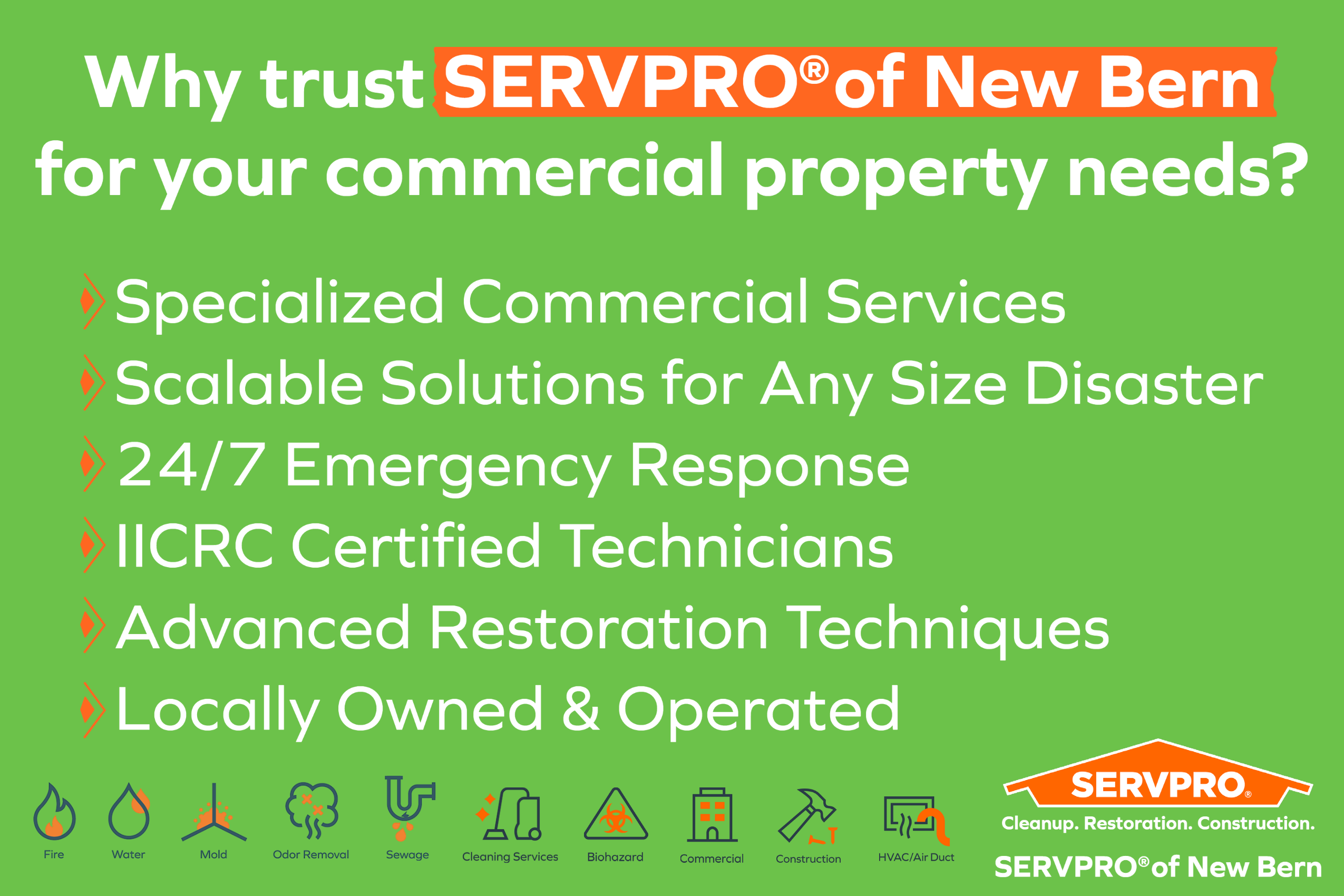 When disaster strikes your business, every minute counts. At SERVPRO® of New Bern, we understand the urgency and the intricacies involved in handling commercial losses. We're available 24/7, ensuring an immediate response to minimize damage, reduce downtime and get your business back in operation as quickly as possible.