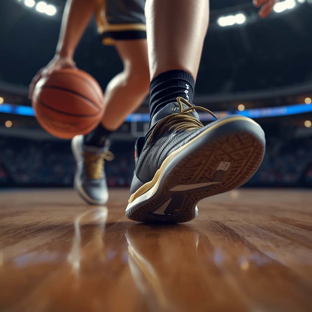 A close-up, low-angle shot of a basketball player dribbling a ball on a polished wooden court. The player's feet and the basketball are in sharp focus, while the background, featuring stadium seating and bright lights, is blurred. The player is wearing black socks and dark basketball shoes with gold accents.