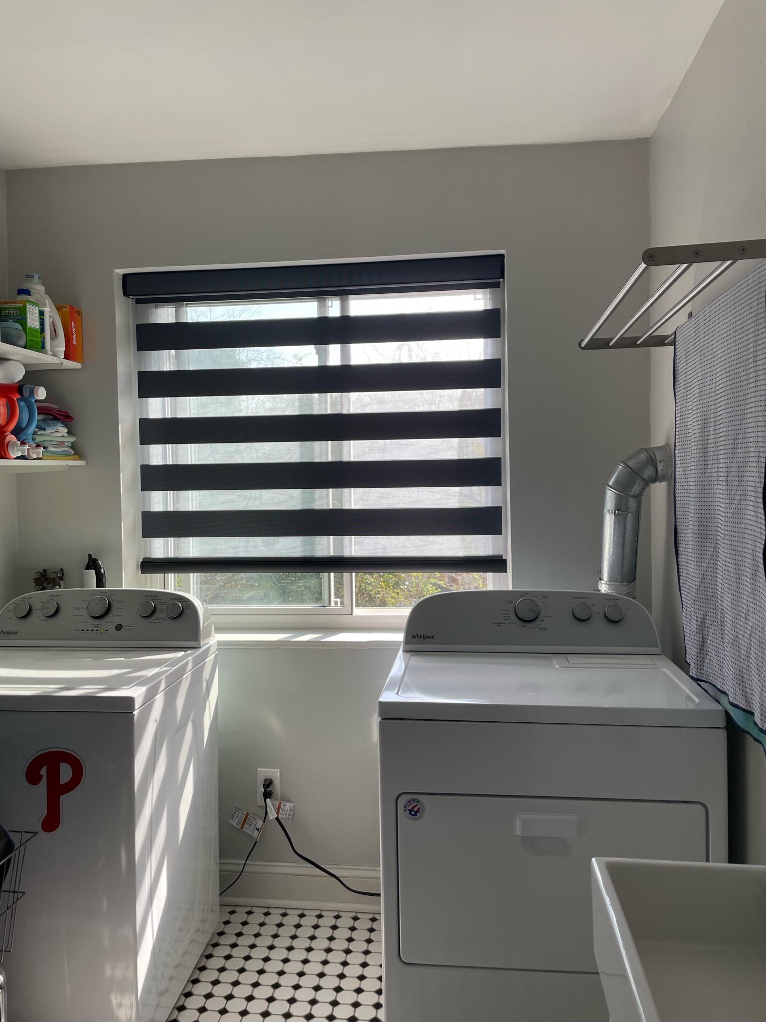 Modern dual sheer shades by Inspired Designs.  Seen in this Jenkintown, PA laundry room with a matching fabric rounded top cassette.