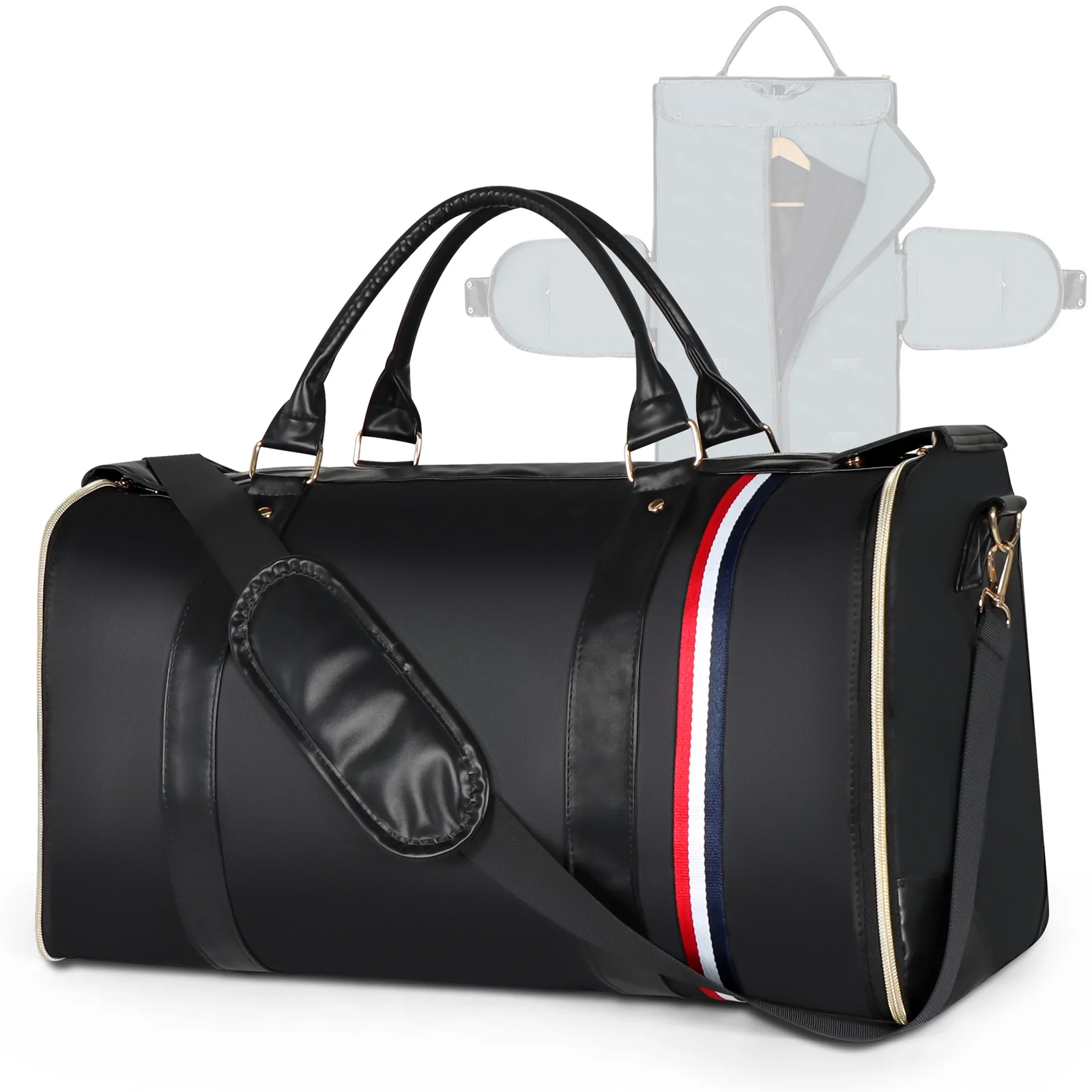 A black duffel bag with red, white, and blue stripes on the side and gold zippers. The bag has leather handles and a detachable shoulder strap. A translucent garment bag with a hanger is visible behind it.