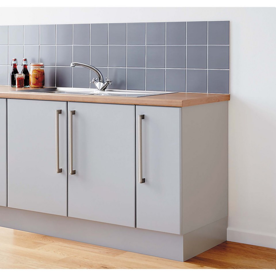 Kitchen units that have been painted with a satin granite grey paint