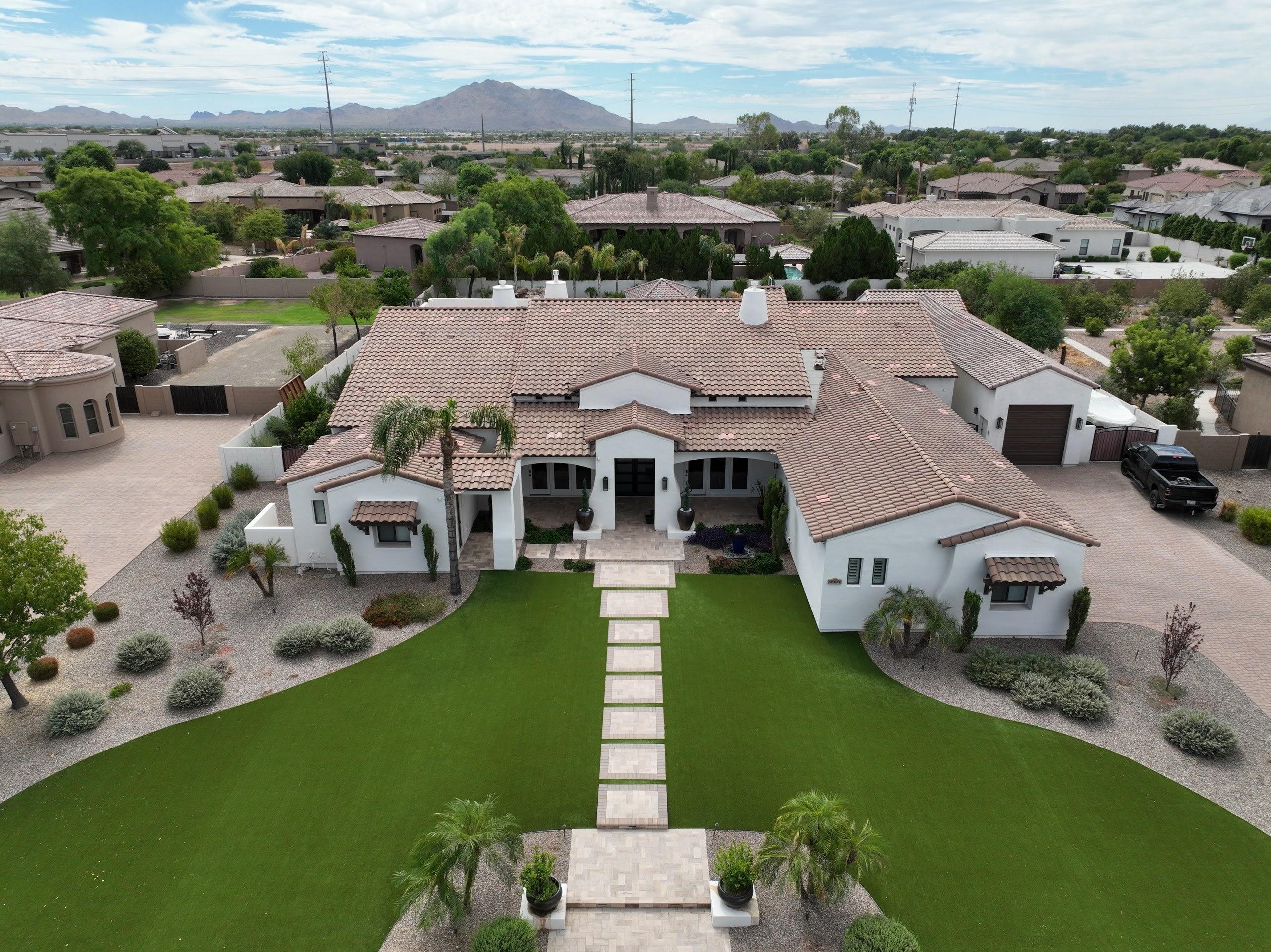 Aerial photo of an Arizona home's front yard and entry, shot by Jack & Bean. 