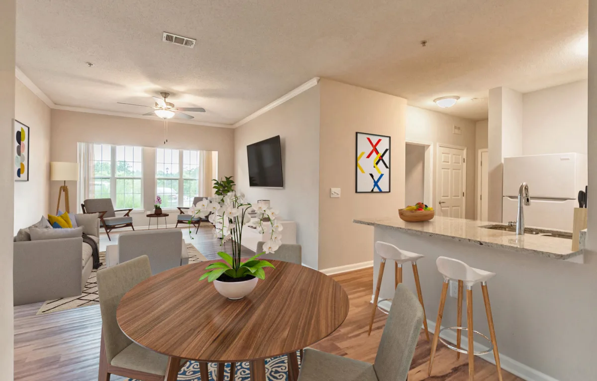 Living room with kitchen and dining area
