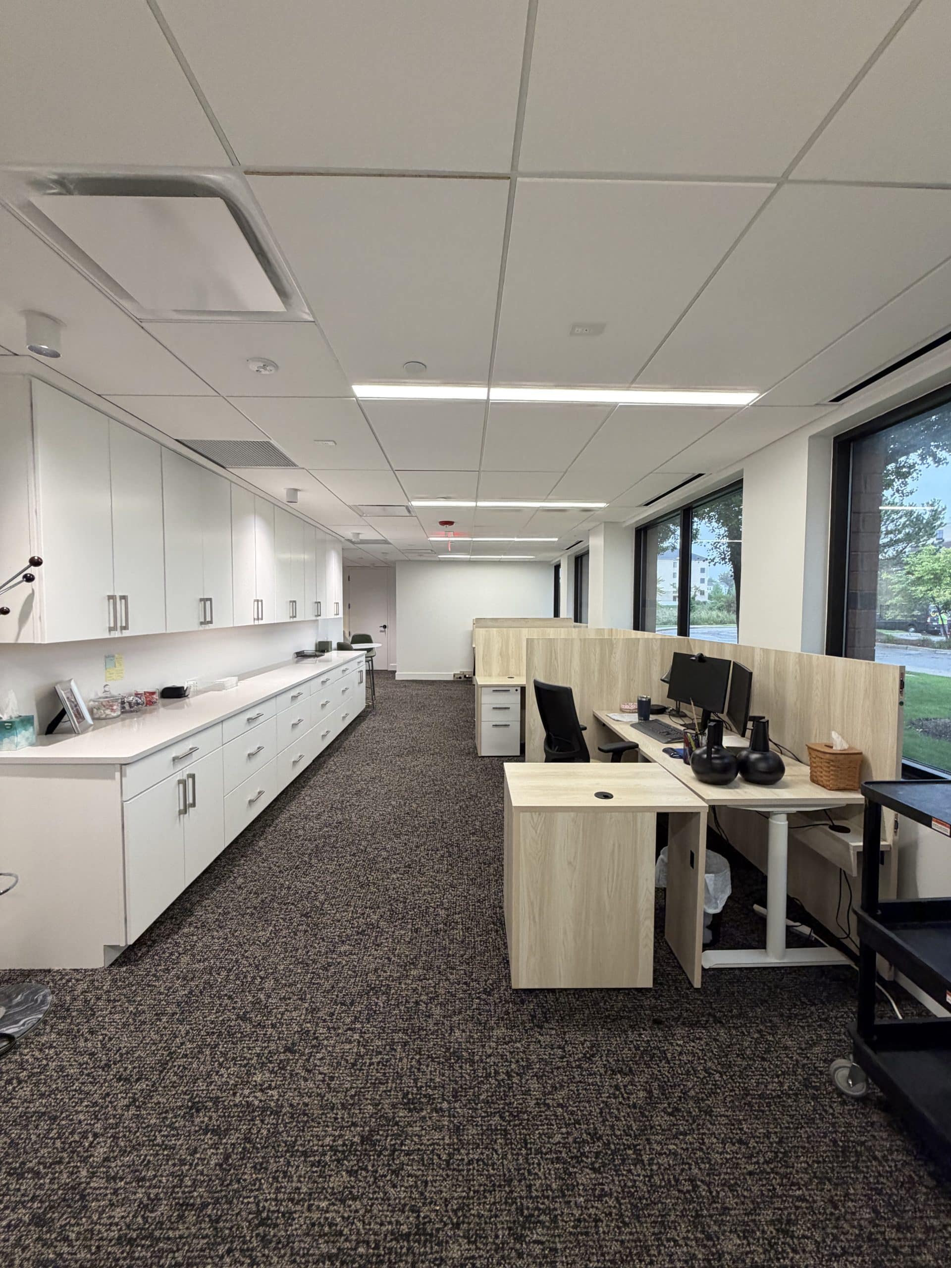 An organized workspace at the Toll Brothers Michigan Division Office & Design Studio highlights the practical interior details of this Schonsheck, Inc. commercial construction project. Light wood-look workstations, extensive storage cabinetry, and large windows combine to create a bright, professional office environment. The layout balances individual work areas with convenient access to shared storage, demonstrating how thoughtful commercial office interiors support daily operations.