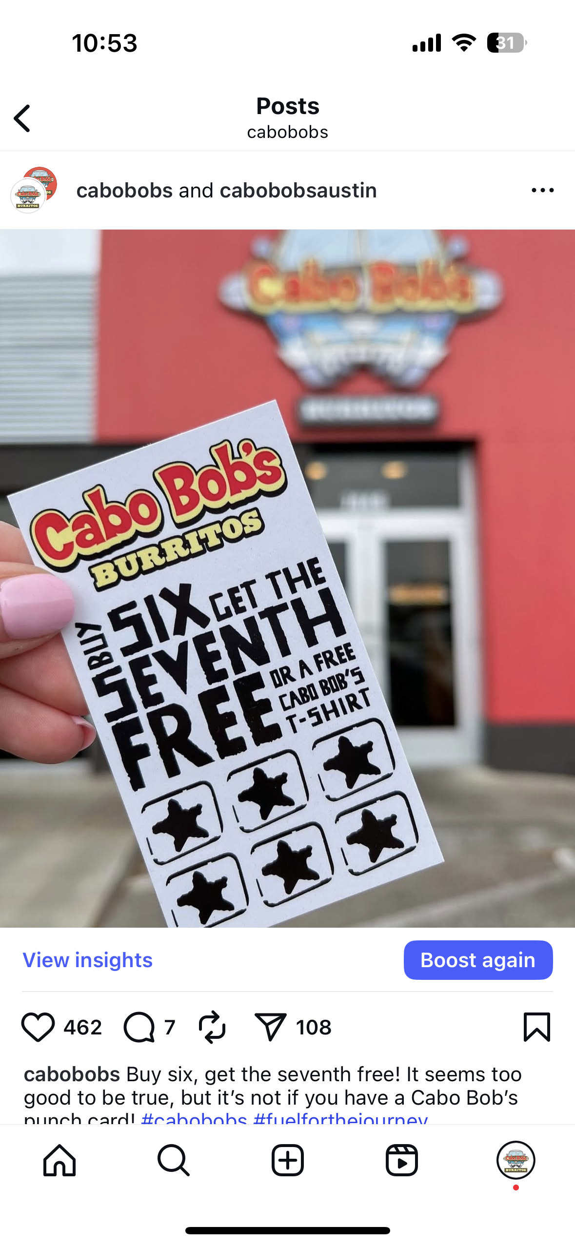 With a Cabo Bob’s punch card you can earn a free 7th entree for every 6 you purchase. 