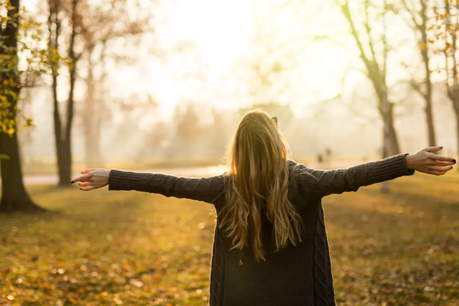 A person with long blonde hair, wearing a dark cardigan, stands with arms outstretched in a sun-drenched, misty park or wooded area. The scene evokes a feeling of freedom and connection with nature.