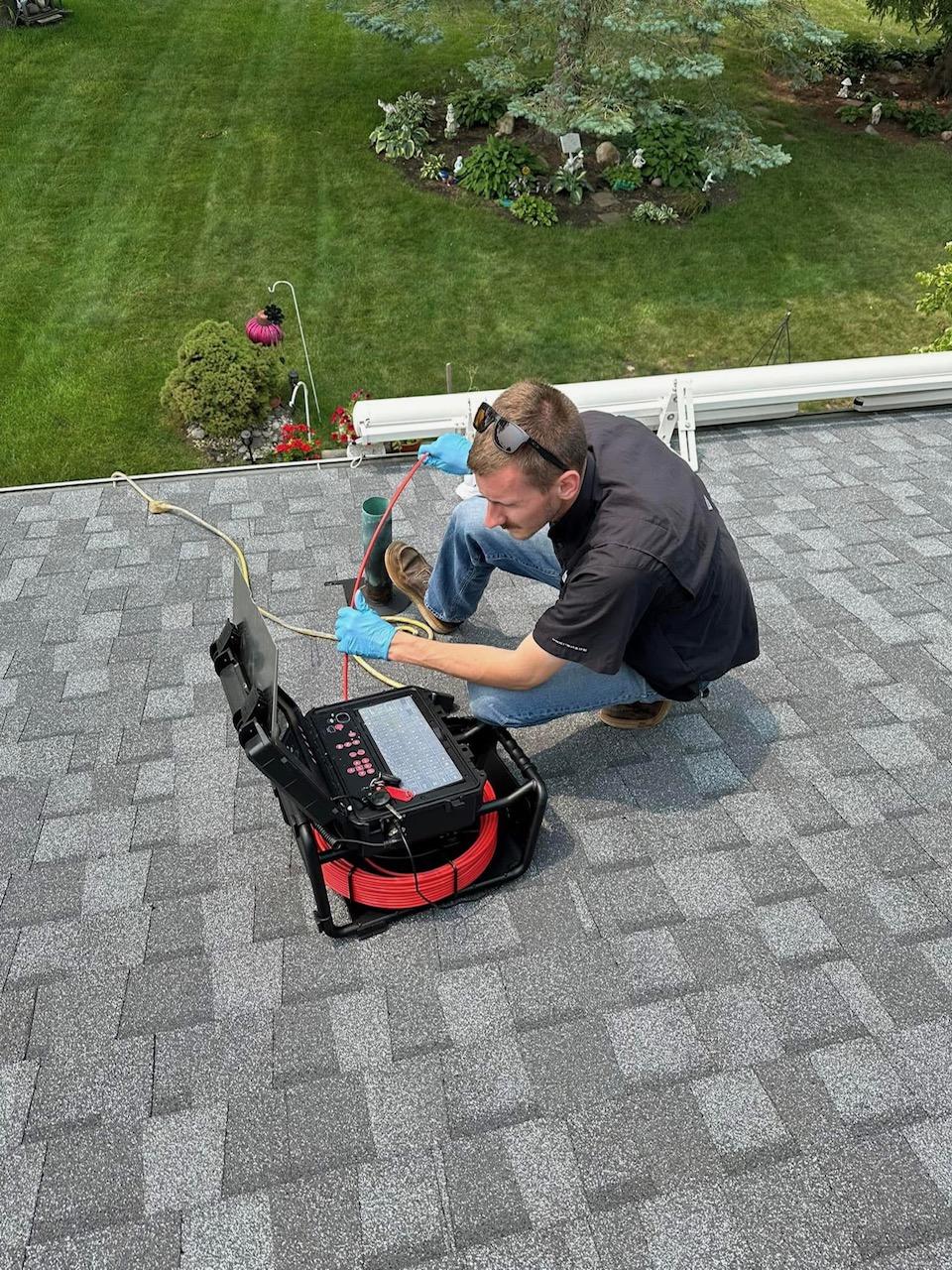 Inspector kneeling on a gray shingled roof while operating a red sewer camera scope and monitor.