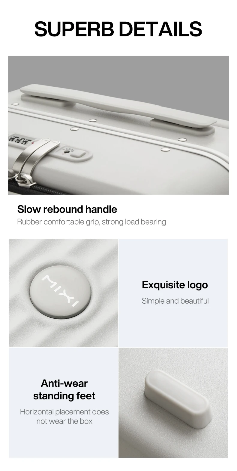 A marketing image showcasing the details of a white suitcase. The top section features a close-up of the suitcase handle and TSA-approved combination locks. Below, four panels highlight specific features: a textured surface with the "MIXI" logo, text describing an "Exquisite logo," text about "Anti-wear standing feet," and an image of one of the standing feet. The overall aesthetic is clean and modern, emphasizing quality and design.