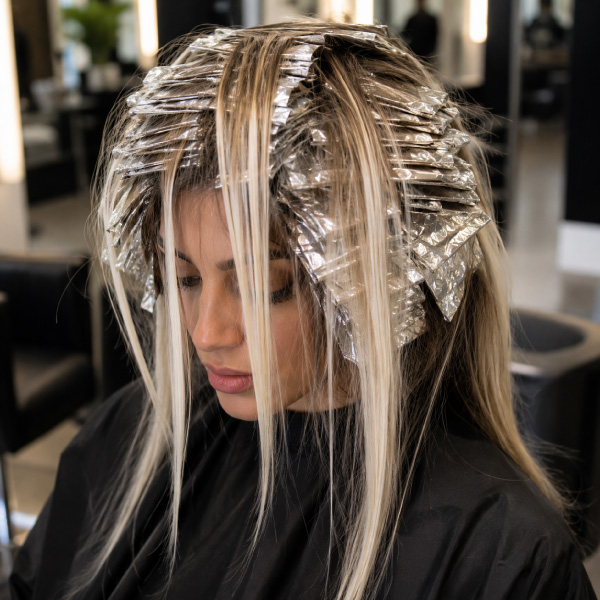 A full head of foil highlights at Avissa Salon in Ann Arbor delivers bright, dimensional blonde with 