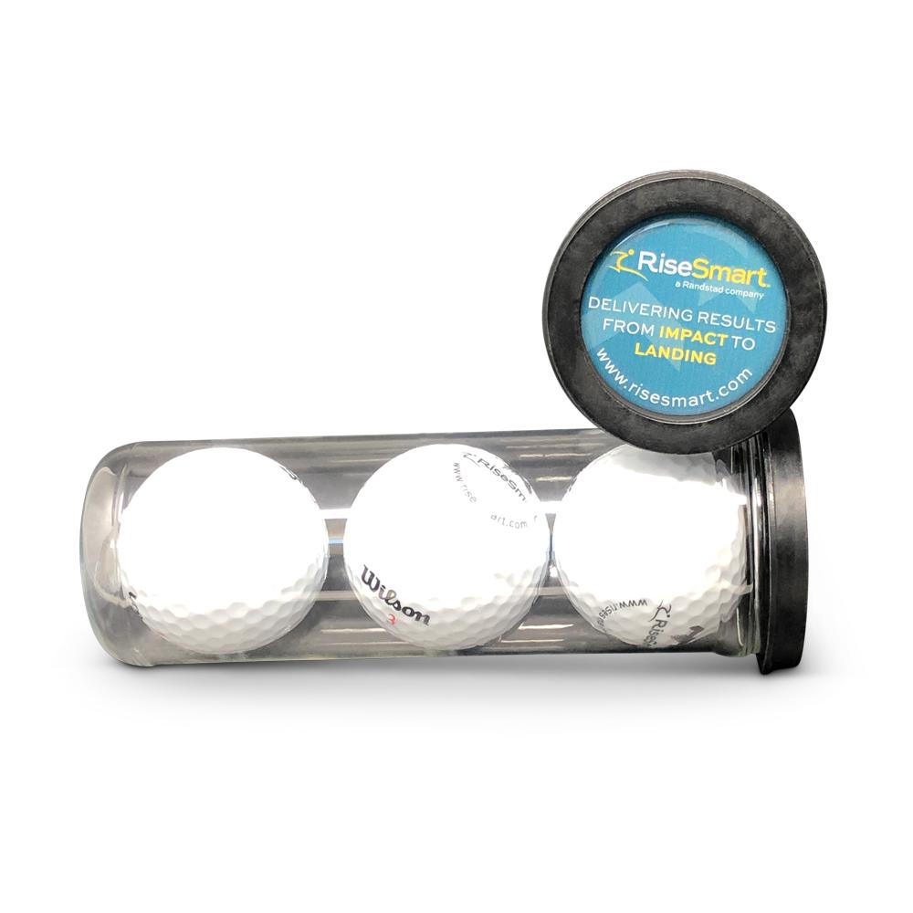 Golf balls for RiseSmart. Branded merch by PLC Print.