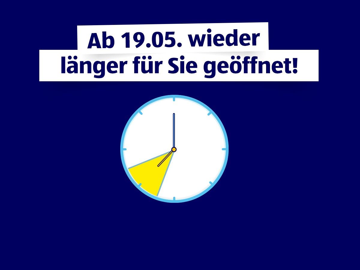 Bild zu Ab 19.05.2021 sind wir für Sie zu unseren gewohnten Öffnungszeiten wieder da. Die genauen Öffnungszeiten Ihrer gewünschten Filiale finden Sie auf der HOFER Website unter www.hofer.at/de/filialen.html.