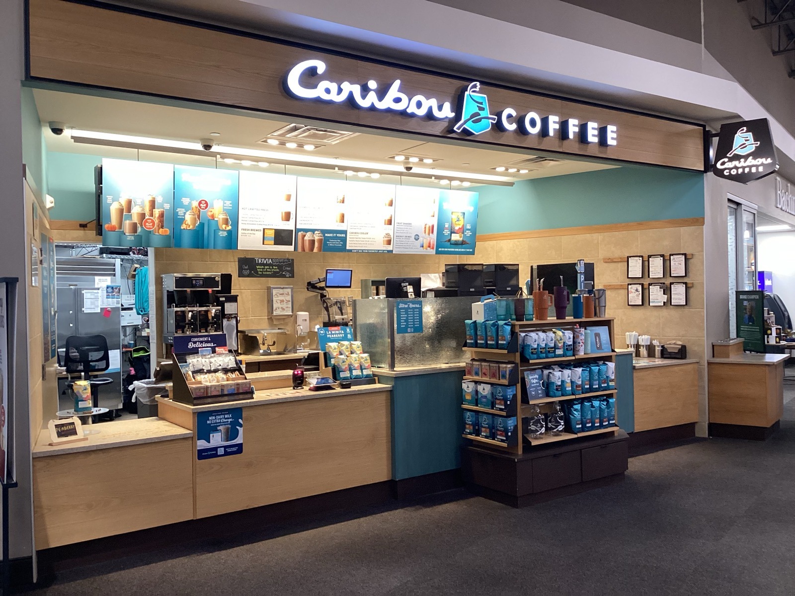 Storefront of the Caribou Coffee at 4630 Centerville Road in White Bear Lake