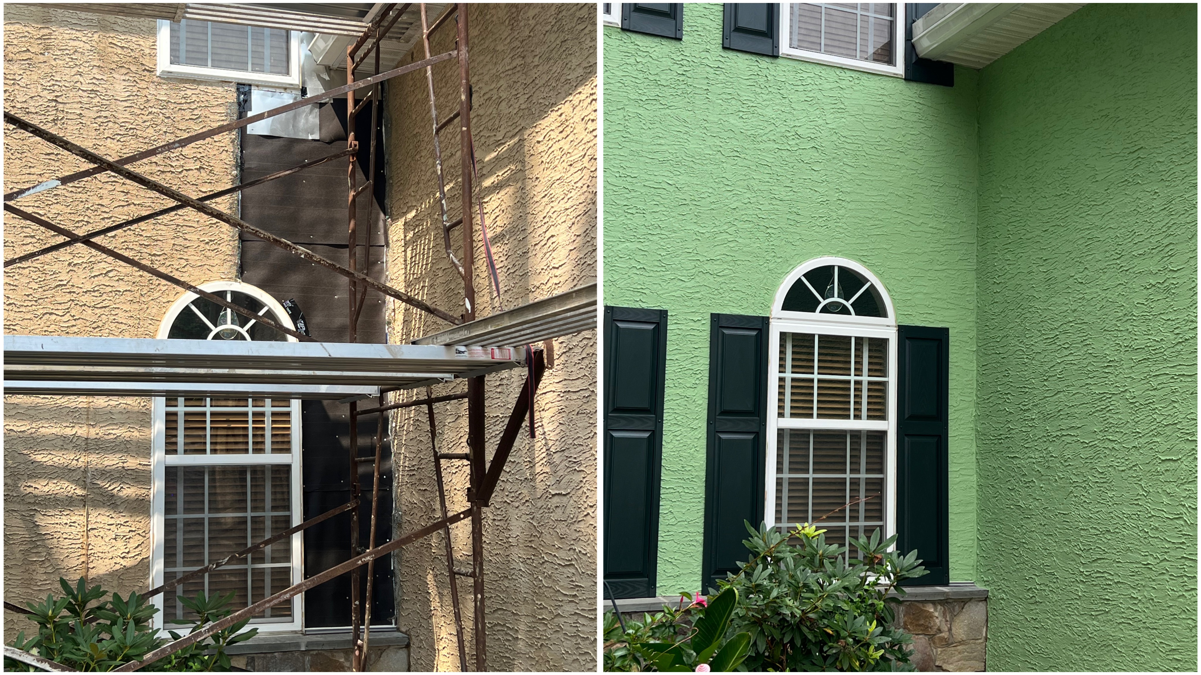 Before-and-after stucco repair completed by LePore Stucco Services around a residential window opening. This project involved removing damaged stucco, installing proper flashing and moisture protection, and applying a clean, durable finish to restore the exterior. LePore Stucco Services provides expert stucco repair, flashing, and exterior restoration services for homes throughout Avondale, PA, Chester County, and nearby areas of Pennsylvania and Delaware.