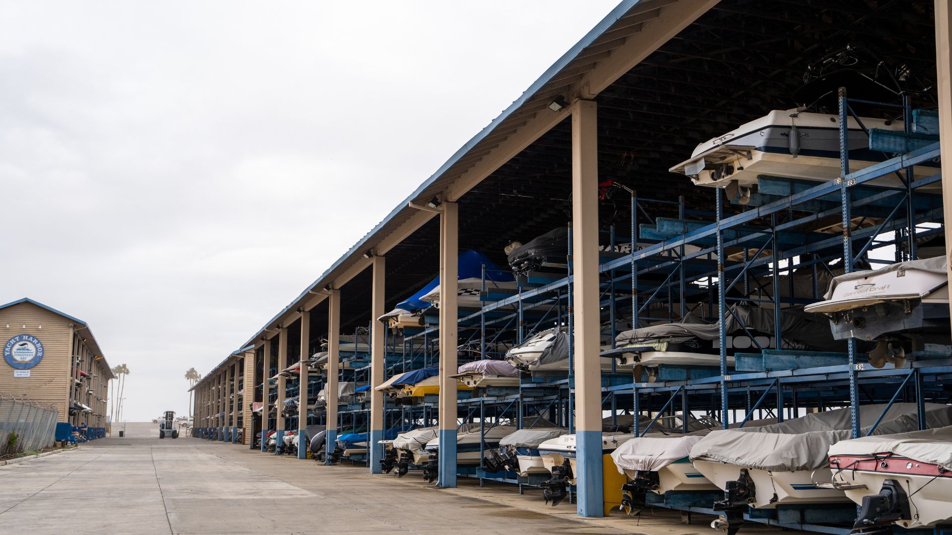 Dry Storage Rack at Discovery Bay Marina. Dry Stack Boat Storage.