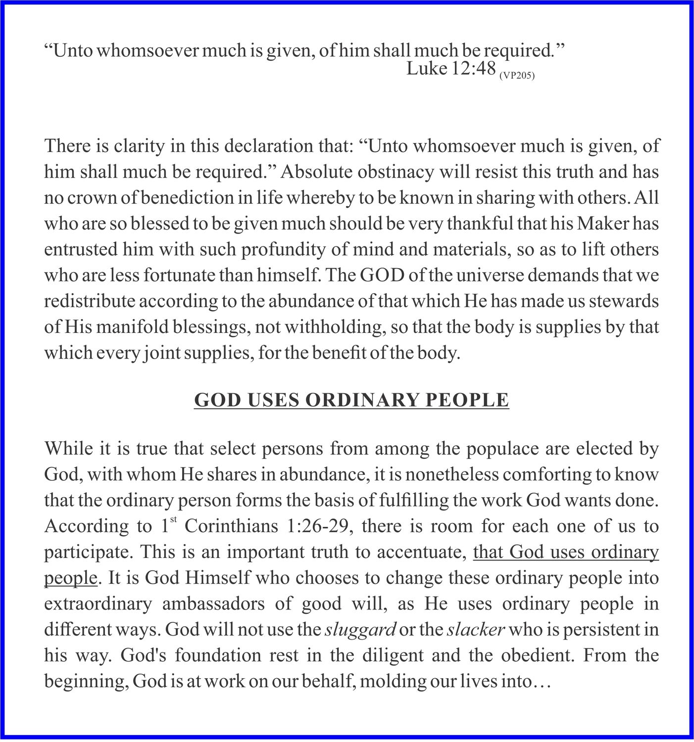 A page of text from a book or document with a prominent heading and quotes from scripture. The text discusses how God uses ordinary people and is organized into paragraphs with a clear hierarchy of information.