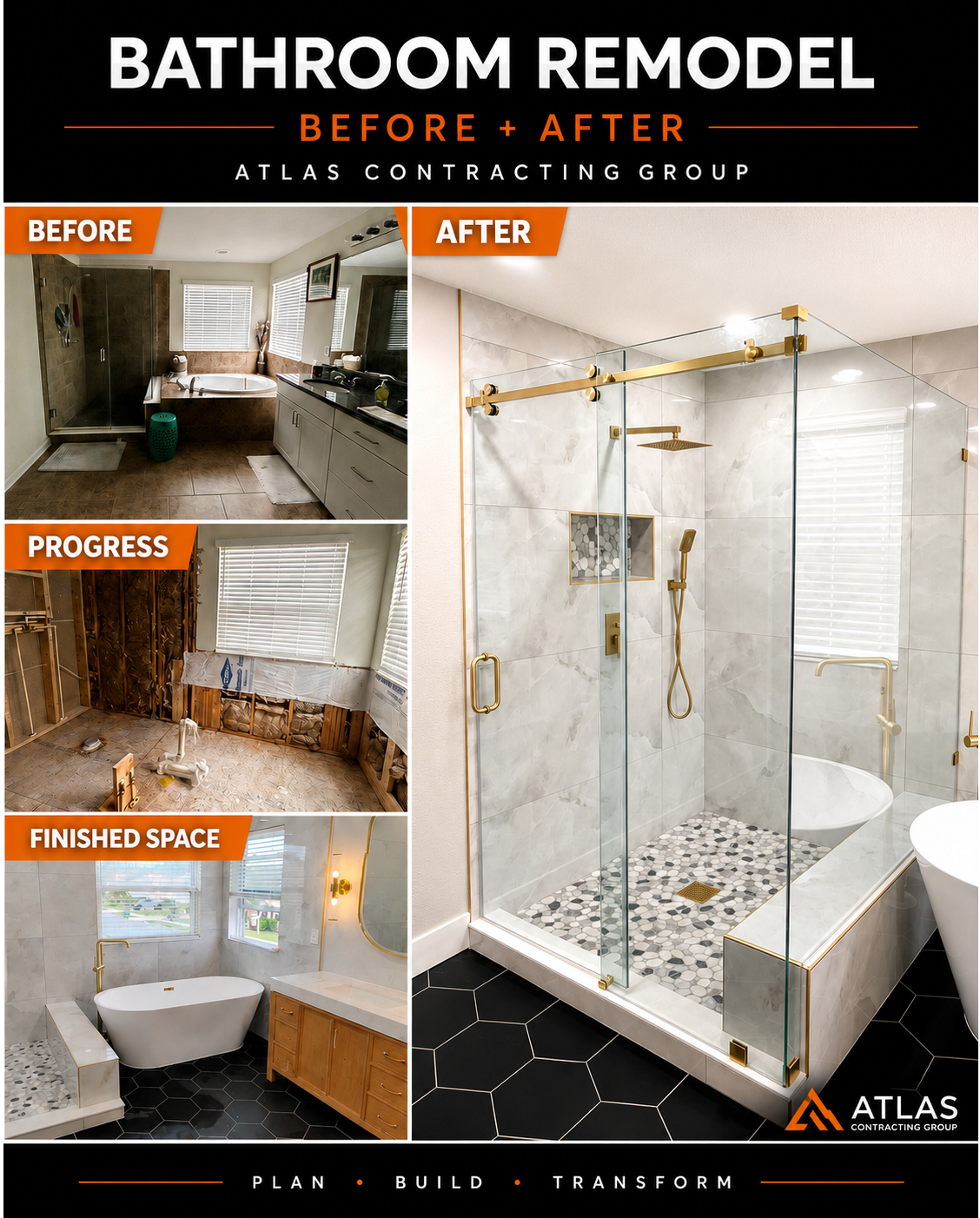 Bathroom remodel collage shows outdated tub, exposed walls, and finished space transformed into a bright marble shower with glass doors.