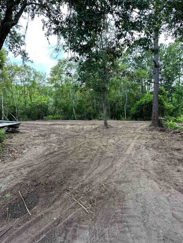 Freshly cleared residential property with leveled soil and preserved mature trees, demonstrating professional land clearing services that improve site accessibility, usability, drainage preparation, and future development potential.