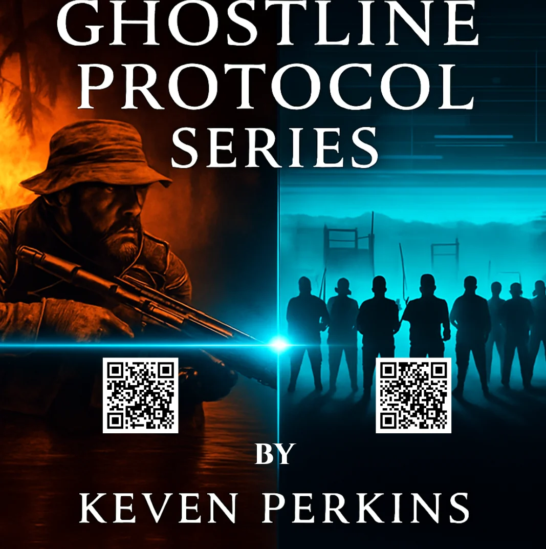 A digitally rendered book cover for the "Ghostline Protocol Series" by Keven Perkins. The cover is split vertically. The left side features a close-up of a man in a hat holding a rifle, set against a backdrop of fire and smoke. The right side depicts a group of silhouetted figures standing in a dimly lit, possibly desolate environment, with faint structures in the background. The title and author's name are prominently displayed in white text. Two QR codes are visible, one on each side of the image.