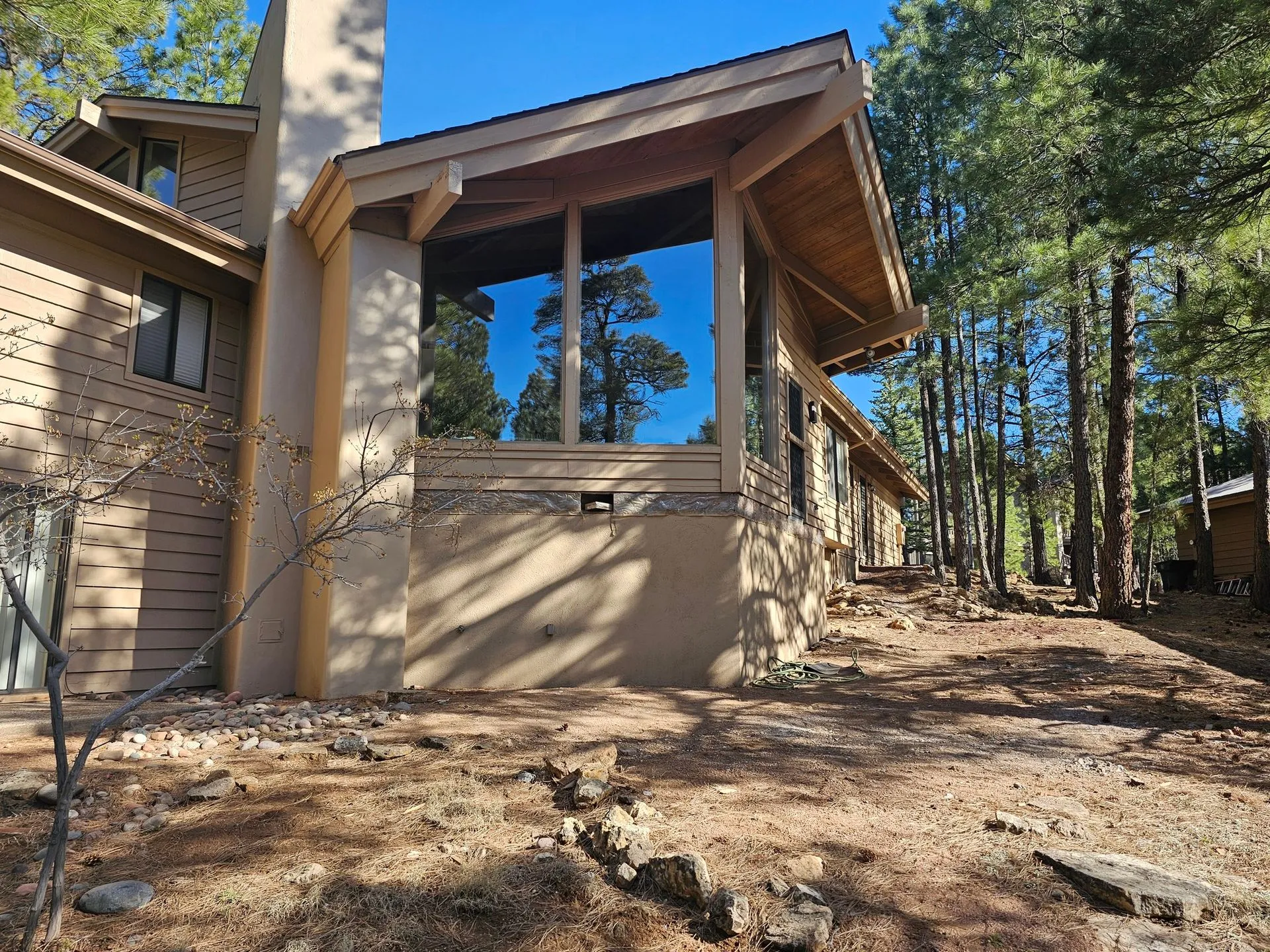 Beautiful home exterior surrounded by mature pine trees with large custom windows and updated architectural details. Exterior renovation improves curb appeal, energy efficiency, and property value.