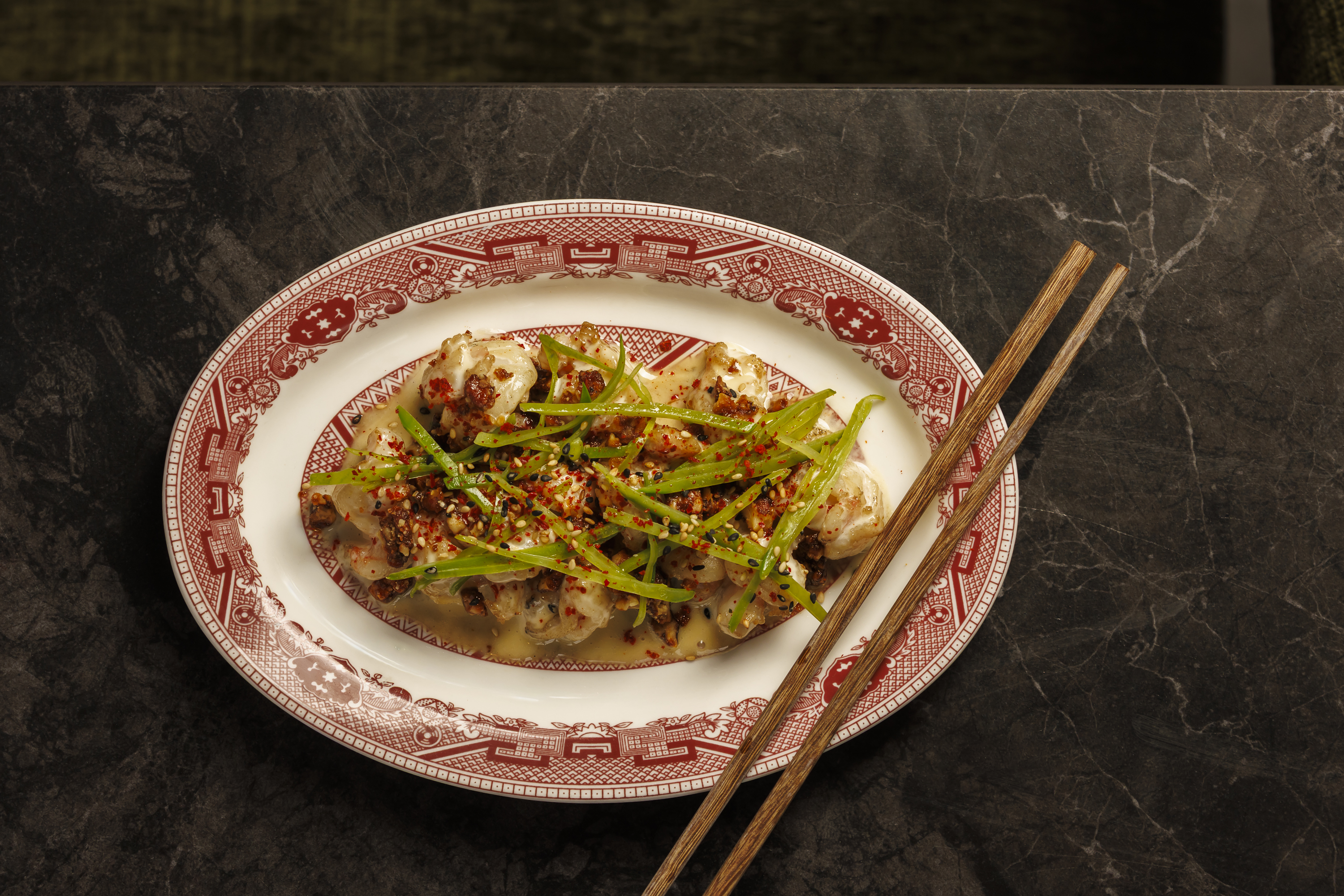 Honey Walnut Shrimp: Wok-stirred shrimp, honey-ginger sauce, snow peas, candied walnuts