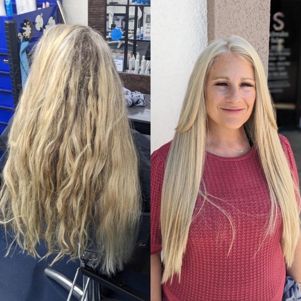 Blonde hair refined and smoothed for a sleek straight finish. This service focused on improving texture shine and overall manageability.