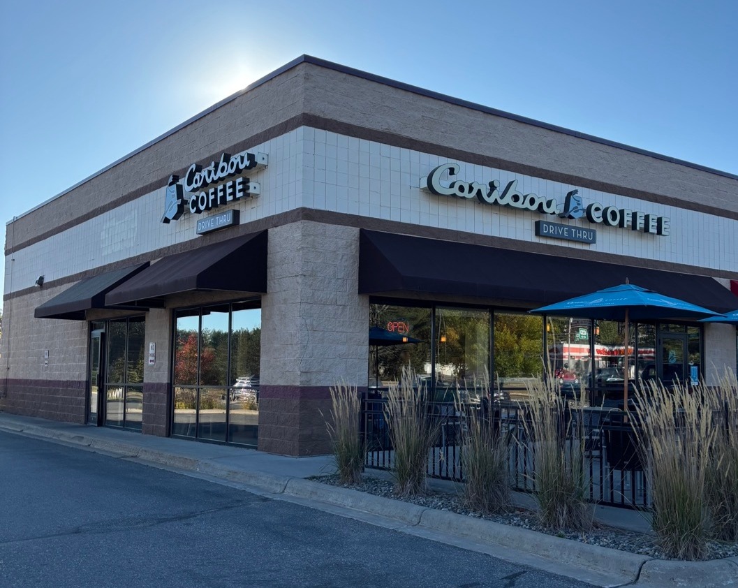 Storefront of the Caribou Coffee at 2020 South Pokegama Avenue in Grand Rapids