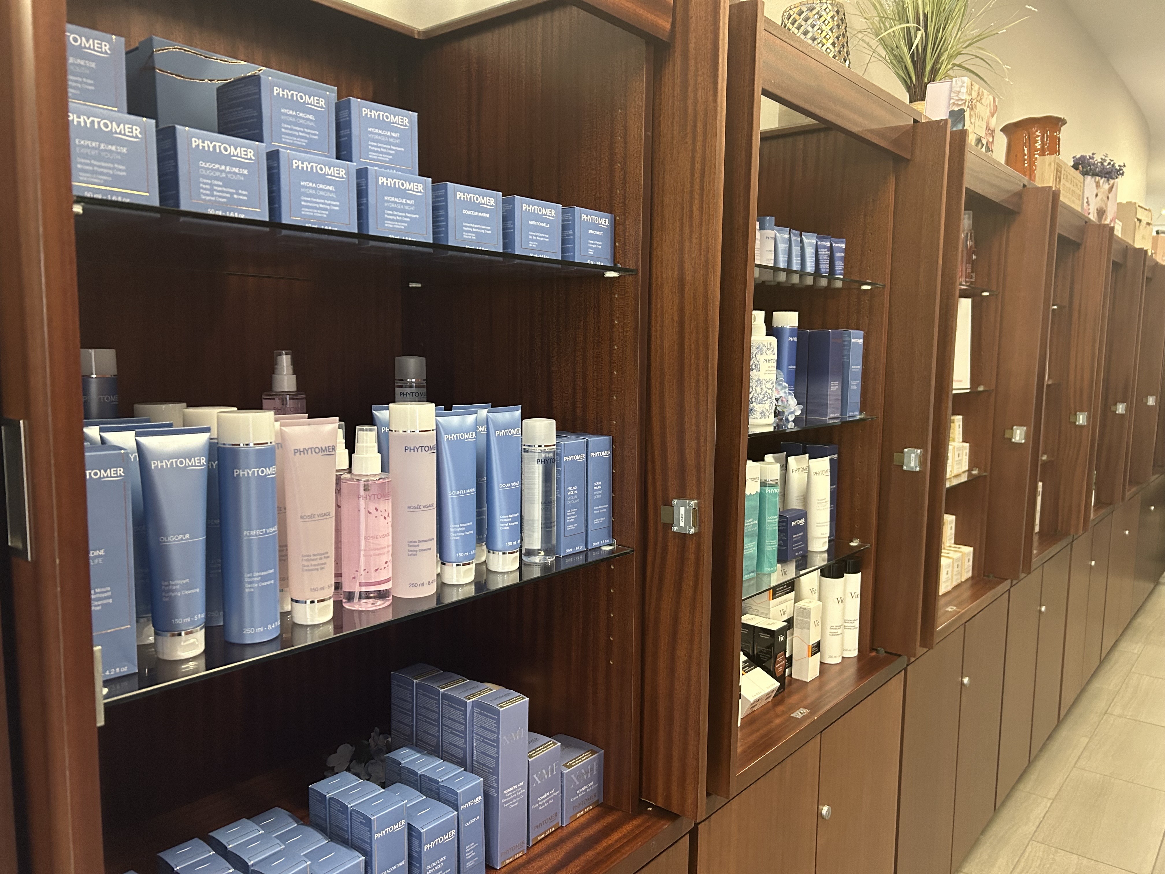 Retail display featuring professional skincare and spa products