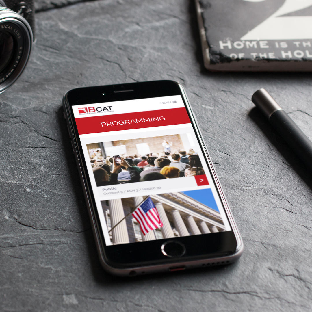 Mobile Phone Mockup of website design for Burlington Public Access TV (BCATTV)