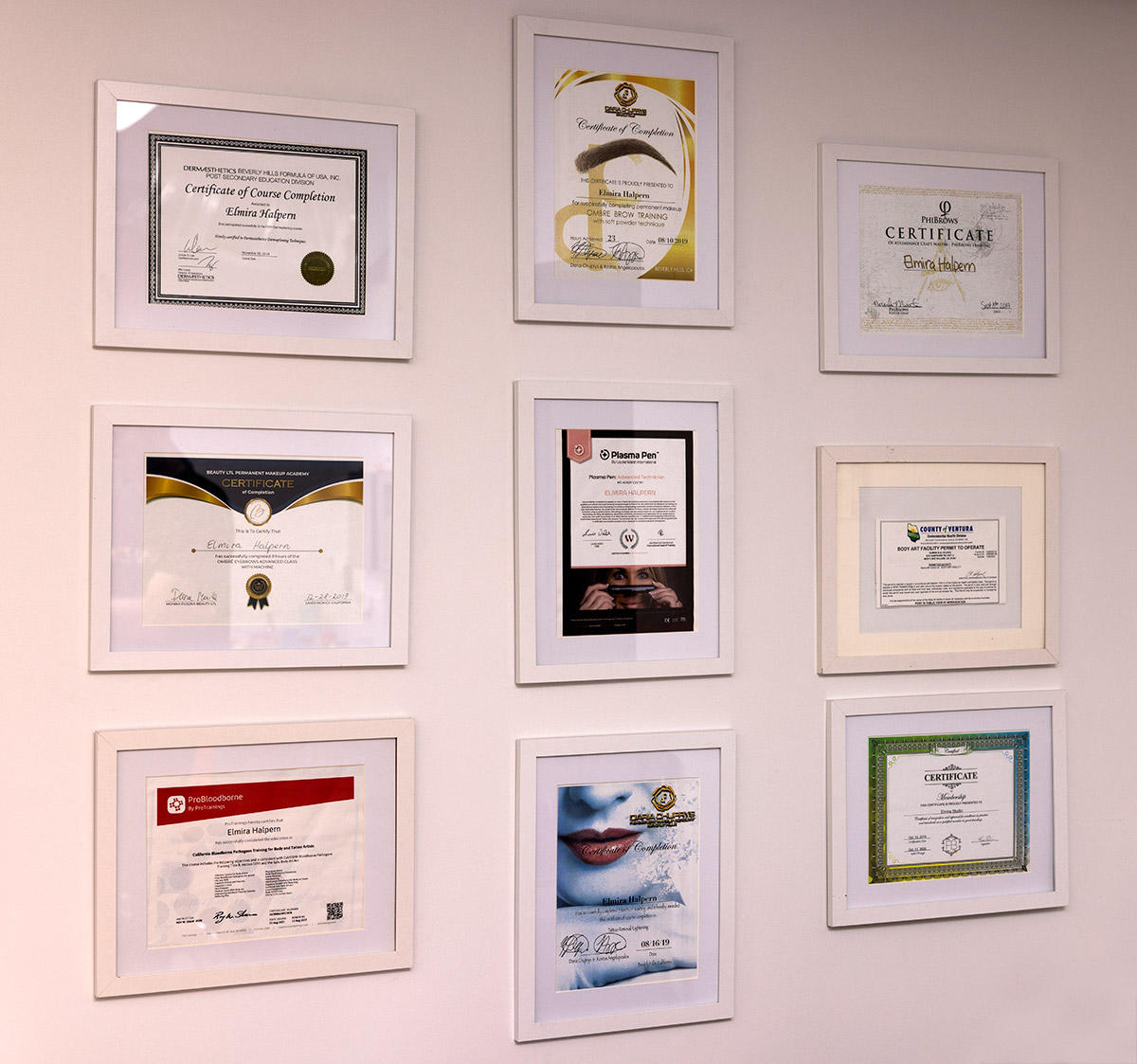 Elmira Studio's certifications. Plasma Pen, Permanent Makeup, Micro-needling, and Microchanneling services in Westlake Village.