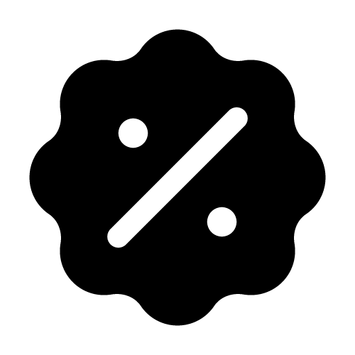A black and white graphic illustration of a percentage symbol with a scalloped edge. The percentage symbol is in the center of the graphic, with a diagonal line separating two circles. The circles represent the zeros of the percentage symbol. The scalloped edge suggests a sticker or a seal.