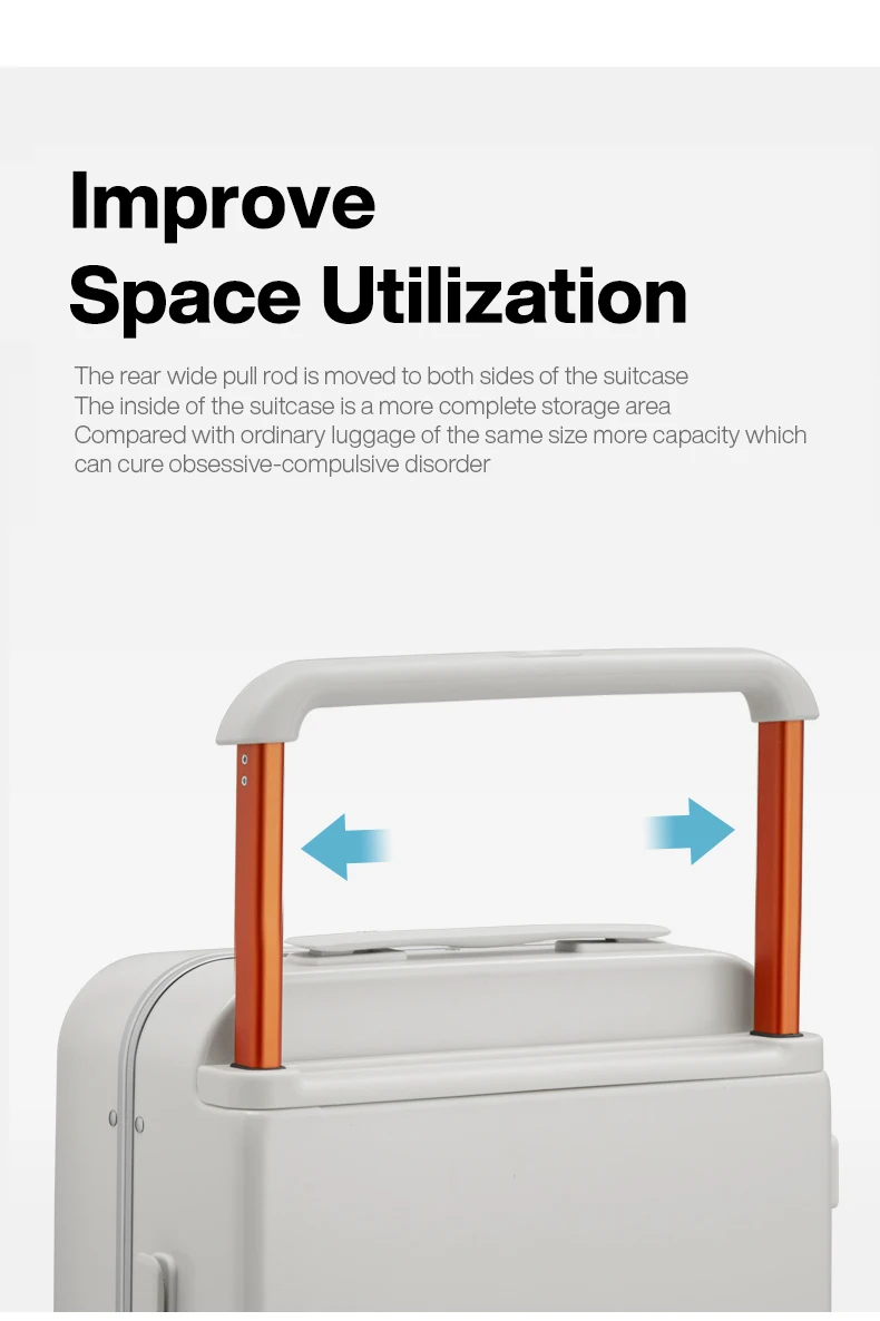 A close-up shot of a white suitcase with orange retractable handles. Two blue arrows point inwards towards the handles, indicating a mechanism for adjusting their position. The text "Improve Space Utilization" is prominently displayed above the suitcase, along with descriptive text about its features.