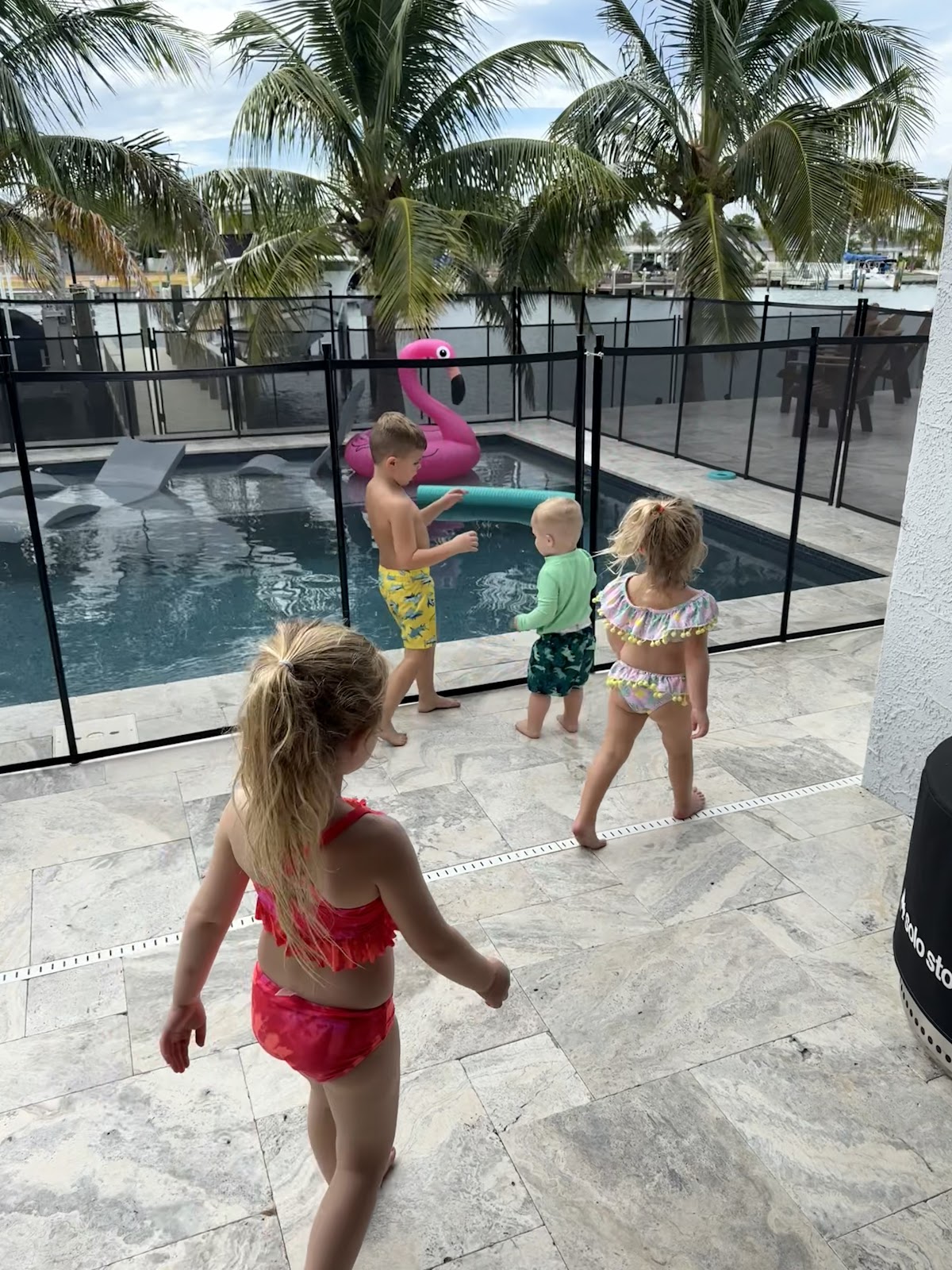 Children enjoying a backyard pool area with a black safety fence, tropical palm trees, and waterfront surroundings.