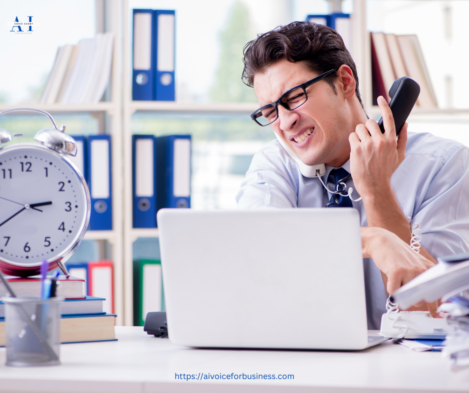 An overwhelmed businessman in a professional office setting is seen struggling to handle multiple phone calls at once. He wears glasses and a dress shirt, visibly frustrated as he juggles a corded office phone while working on his laptop. A large clock on the desk emphasizes time pressure, and organized office binders in the background suggest a busy work environment.

This image visually represents the stress of managing incoming calls manually and highlights the need for an AI-powered call-handling solution like AI Voice Agents for Business to streamline communication and improve productivity.