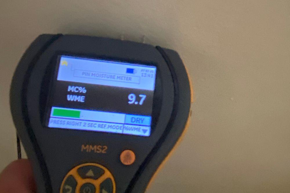 Pictured here is a moisture meter for Danbury water damage.  We use a moisture meter to detect water behind walls.  This device helps us precisely detect the water source and minimize opening up walls to dry them out.