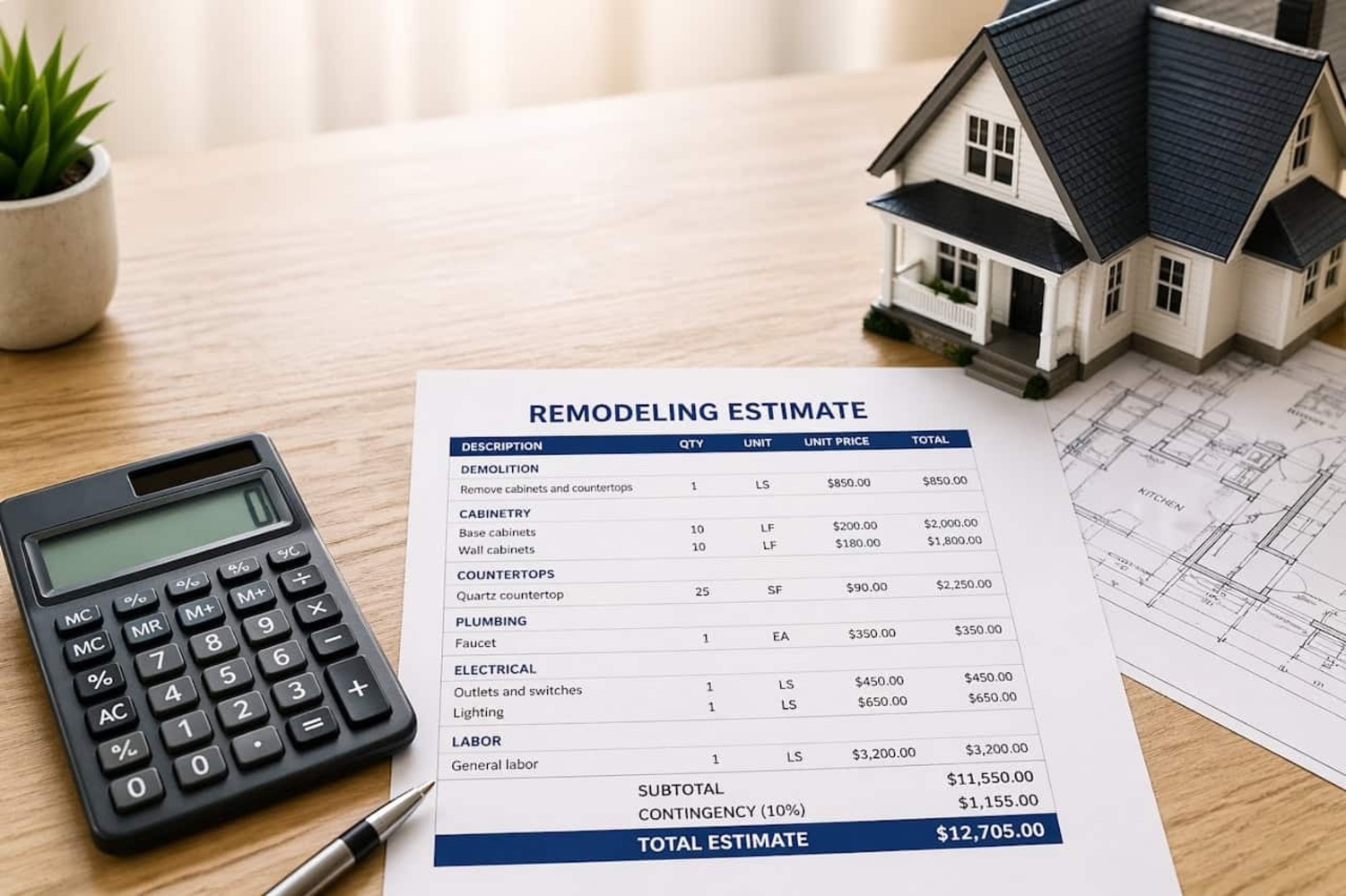 Illustration of an itemized home remodeling estimate alongside a calculator, house model, and floor  