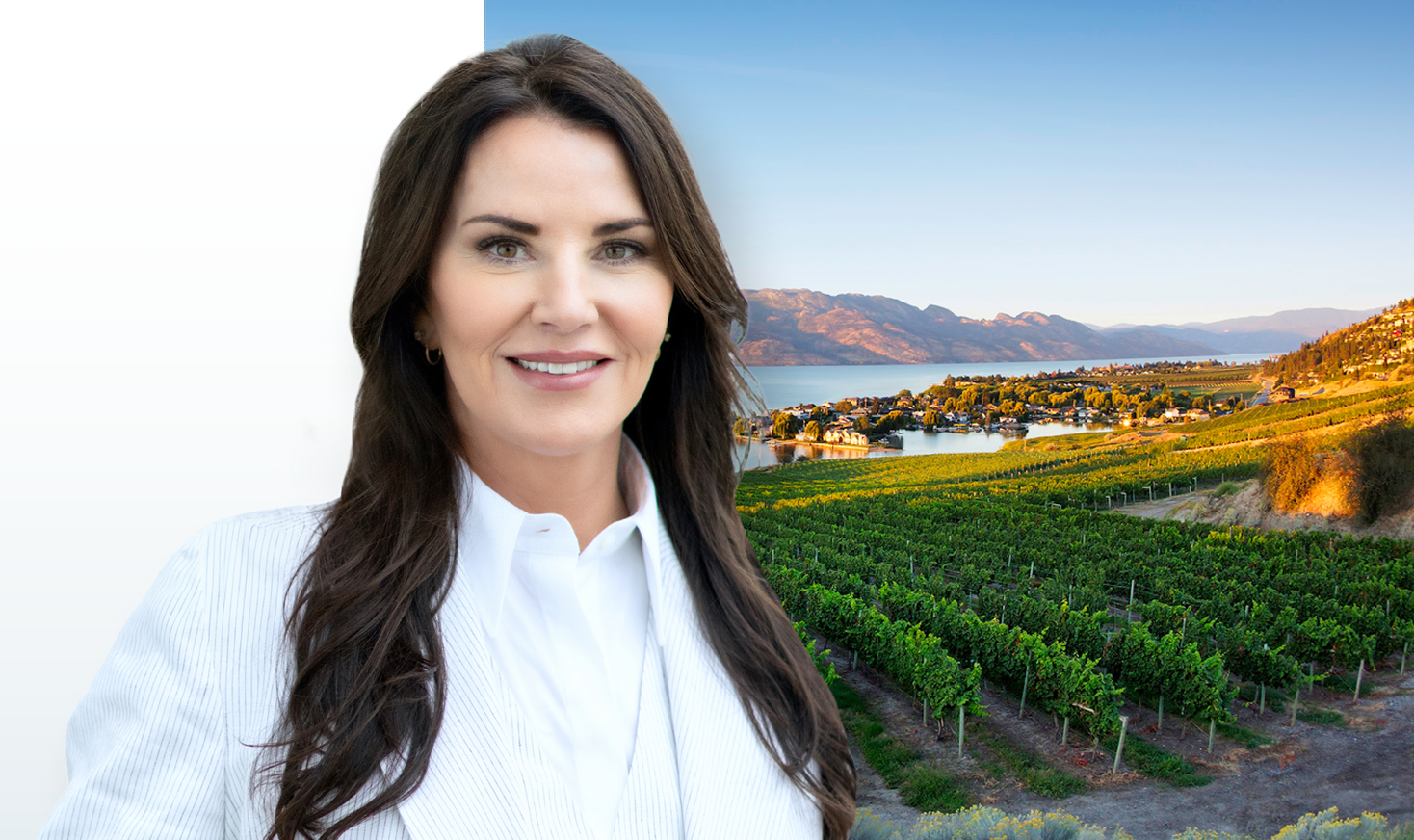 Rhonda Hymers in the foreground with a winery in the Okanagan Valley in the background.