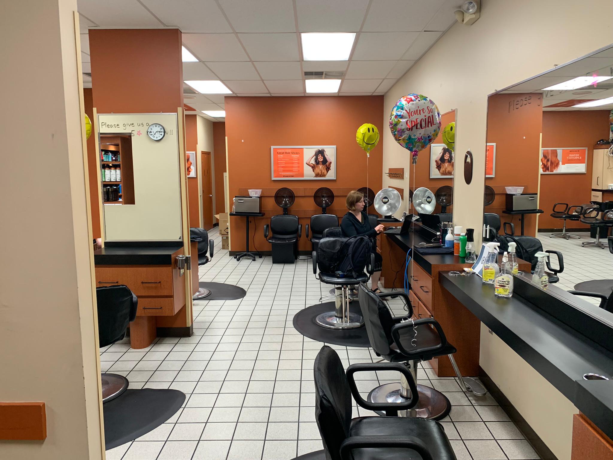 The salon stations where guests sit with stylists for their services. Hair Cuttery Hayes (804)642-5593
