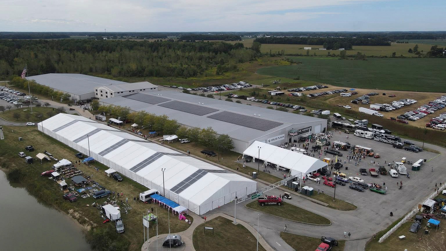 Aerial view of the Kruse Auctions facility in Auburn, Indiana, home to collector car auctions and events.