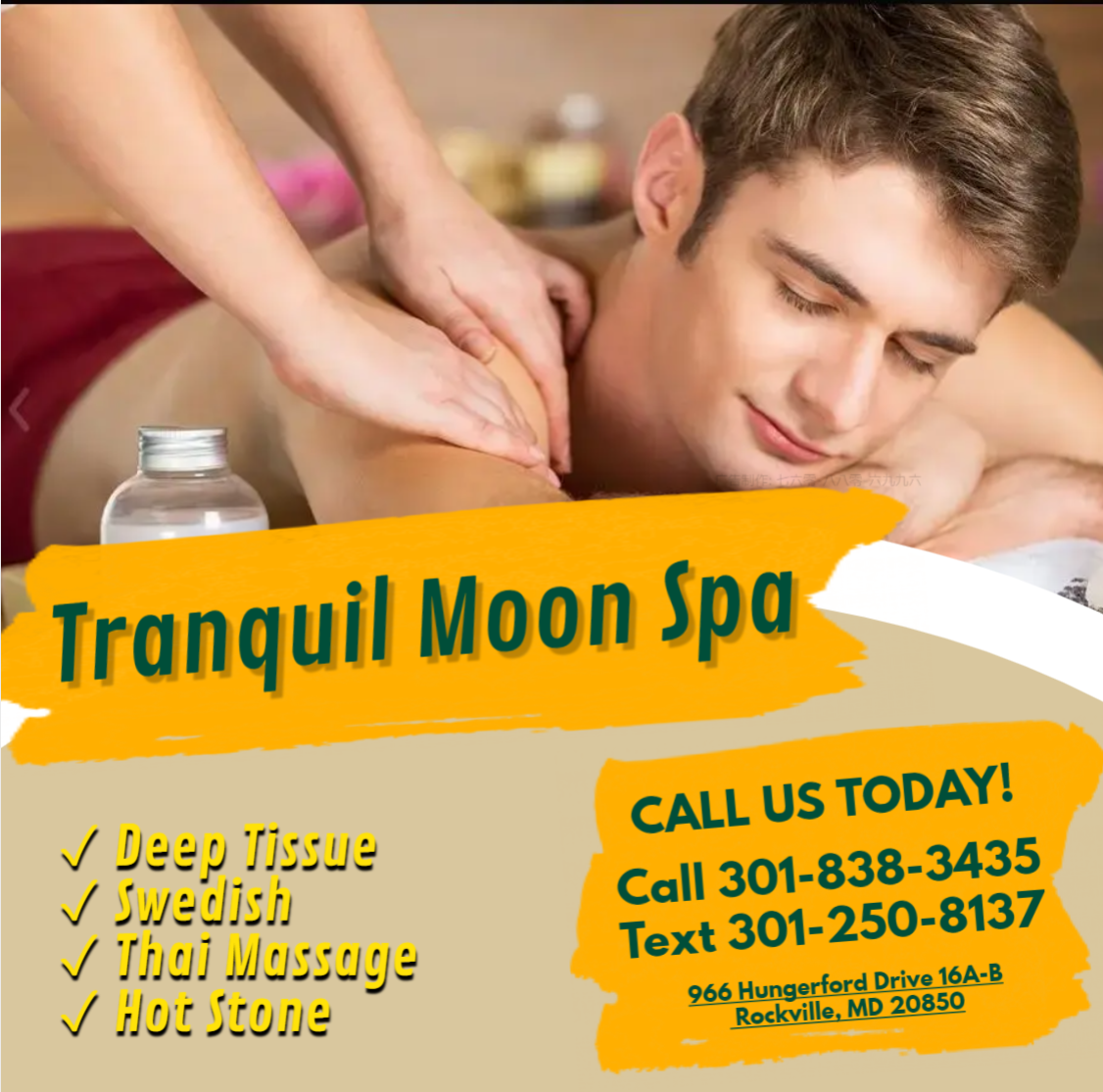 The full body massage targets all the major areas of the body that are most subject to strain and discomfort including the neck,back, arms, legs, and feet. If you need an area of the body that you feel needs extra consideration, such as an extra sore neck or back, feel free to make your massage therapist aware and they'll be more than willing to accommodate you.