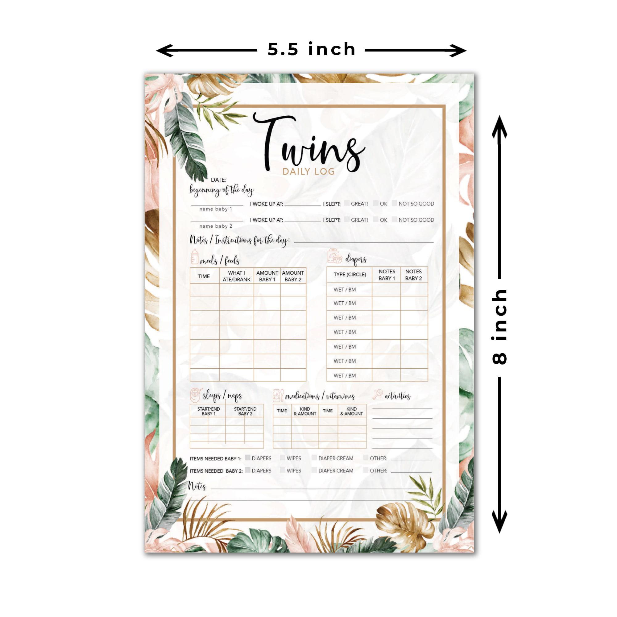 TWIN INFANT LOG NOTEPAD includes wakeup time, newborn mood, daily plans, a diaper and feeding log, nap time, and extra notes for your twins. It can be used for boys or girls as a sweet space to write about your newborn's daily activities