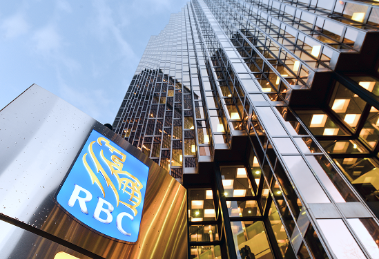 The RBC logo on an office tower.