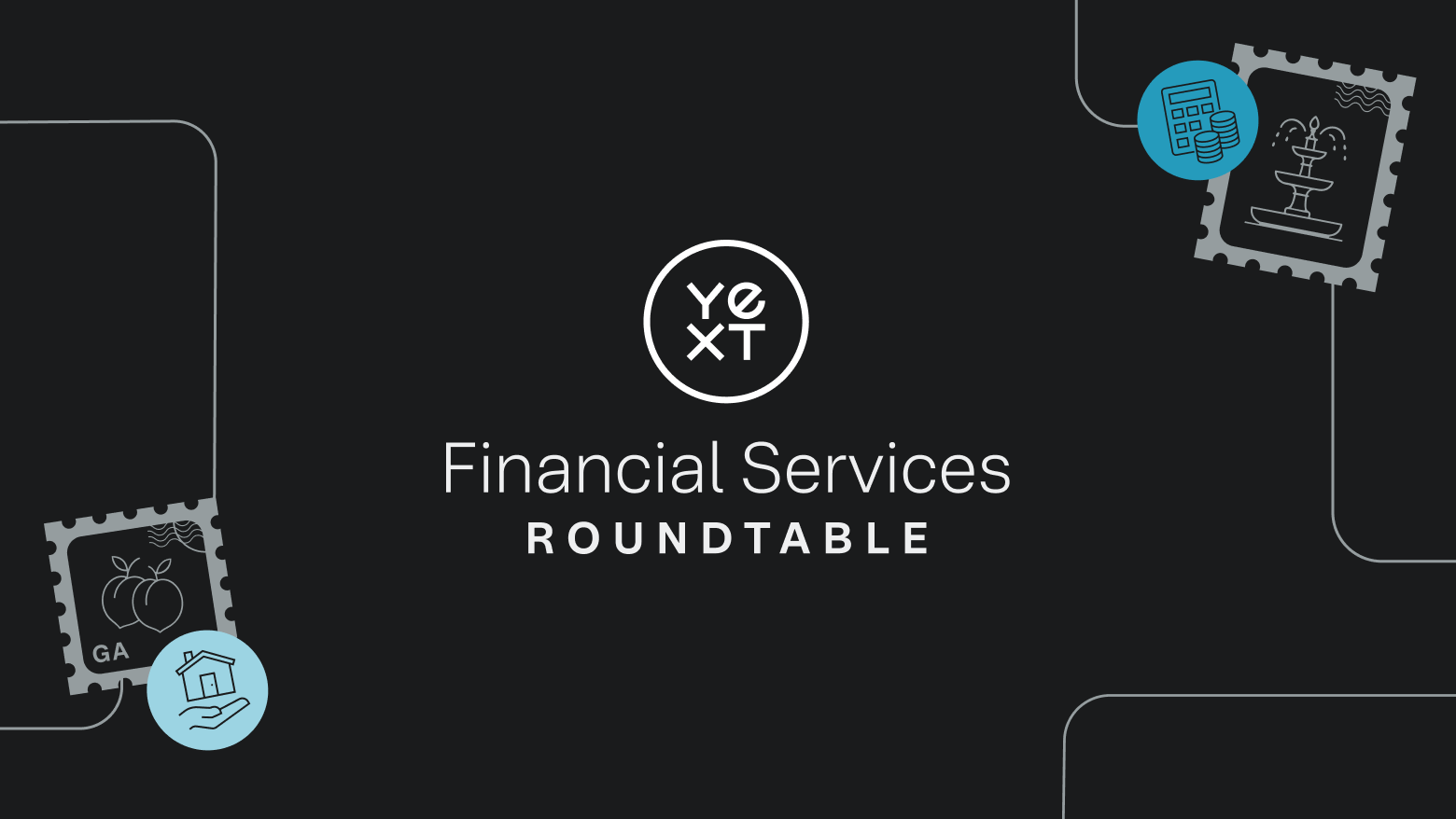 Yext Financial Services Roundtable event graphic with the Yext logo centered on a dark background, surrounded by illustrated postage stamps and icons representing finance, Georgia peaches, and digital marketing themes.