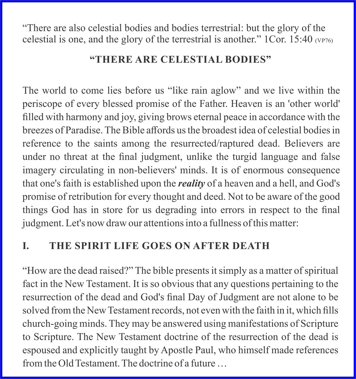 A page of text from a book or document, with a blue border. The text discusses celestial bodies, the afterlife, and the resurrection of the dead, citing biblical passages. The main content is in black, with a heading in larger, bolded text. A citation "1Cor. 15:40 (VP76)" is present.
